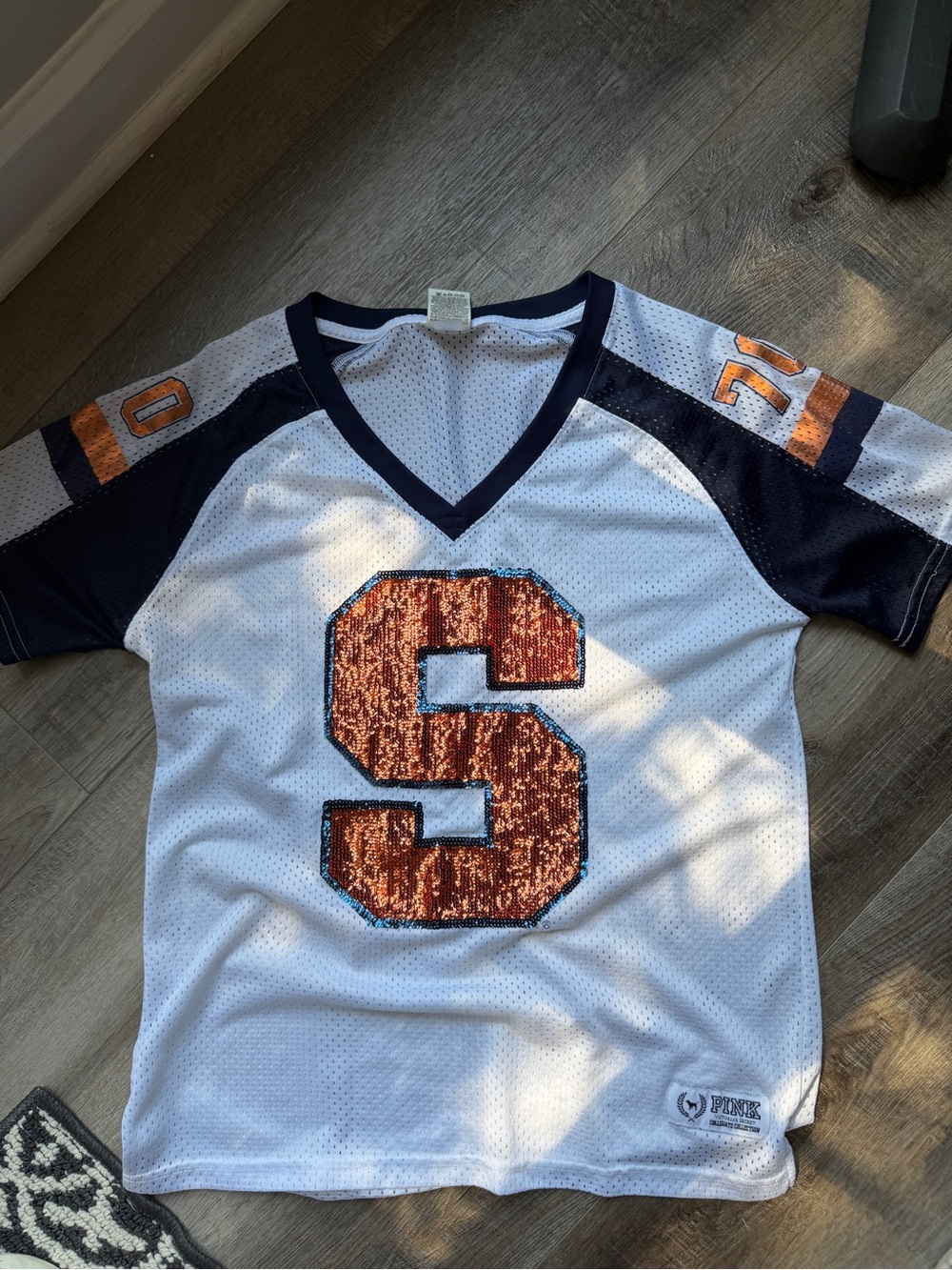 PINK Victoria's Secret Syracuse white Mesh Jersey with Navy Sleeves